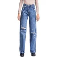 Women's high-waisted straight denim jeans with distressed details and classic blue wash.