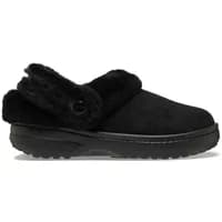 Black Crocs Classic Unfurgtble Vegan Suede clogs with faux fur lining and textured sole.