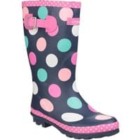 Navy rubber Wellington boots with colorful polka dots, pink trim, and buckle, size Infant 8 by Cotswold.