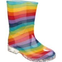 Rainbow-striped Cotswold girl's PVC Wellington boot with clear sole, size Infant 11.