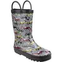 Grey Cotswold 'Puddle' rubber Wellington boots with colorful tractor pattern and pull handles, size Infant 10.5.