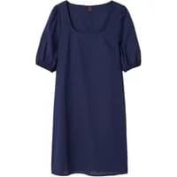 Navy blue cotton and linen dress with short puff sleeves and square neckline by Stefanel.