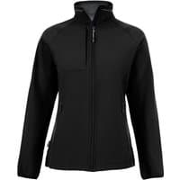 Black women's softshell jacket with full zip, high collar, and zippered pockets.