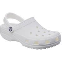 White Crocs Classic Clog with perforated upper, adjustable heel strap, and textured sole.
