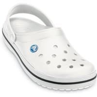 White Crocs Crocband Clog with ventilation holes, blue logo, and black stripe on the sole.