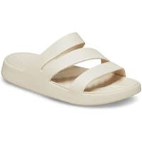 Beige Crocs Getaway Strappy Thermoplastic Women's Sandals with three wide straps and cushioned footbed.