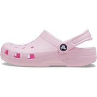Pink toddler Crocs clog with adjustable heel strap, ventilation holes, and textured sole, size Infant 8.