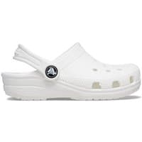 White Crocs toddler clog with perforated upper, adjustable heel strap, and textured sole, size Infant 6.
