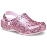 Pink Crocs girl's classic clog with chunky glitter, ventilation holes, and adjustable heel strap, size 1.