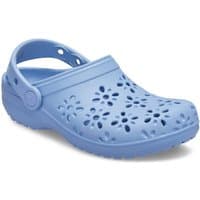 Blue Crocs girl's clog with floral cutouts, adjustable heel strap, and textured sole, size Infant 11.