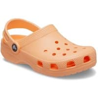 Orange Crocs toddler clog with perforated top, heel strap, and textured sole, size Infant 4.