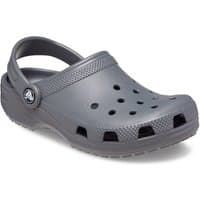 Slate grey thermoplastic kids' clogs by Crocs with ventilation holes and adjustable heel strap.