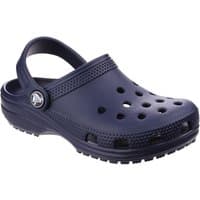 Navy Crocs toddler clog with perforated toe box, heel strap, and textured sole, size Infant 7.