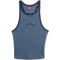 Striped racerback tank top with Superdry logo, navy and blue, women's Essential collection.