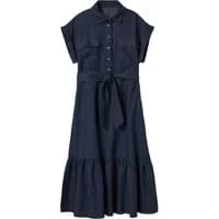 Denim shirt dress by Stefanel, short sleeves, button front, waist tie, and ruffled hem.