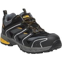 Black Dewalt Cutter safety trainers with yellow accents, mesh panels, and rugged sole, size UK 8, EUR 42.