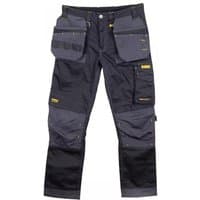 Black and gray Dewalt Harrison Pro Stretch Trousers with multiple pockets, reinforced knees, size 36W 29L.