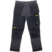 Black and gray Dewalt Memphis holster trousers with multiple pockets, reinforced knees, and yellow logo patches.