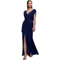 Navy blue draped mermaid gown with draped neckline and thigh-high slit, Goddiva Maxi for women.