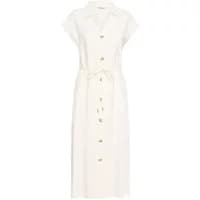White b.young BYDalano dress with short sleeves, button front, and matching belt.