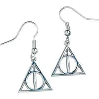 Silver Deathly Hallows earrings with triangular design and circle, by The Carat Shop, featuring hook fastenings.