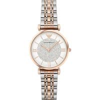 Two-tone stainless steel ladies watch with crystal dial, rose gold accents, and Roman numerals by Emporio Armani.