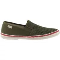 Green espadrilles with mesh upper, elastic sides, and white sole with red trim by Victoria.