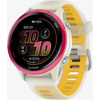 Garmin Forerunner 570 smartwatch, raspberry aluminum bezel, translucent bone/mango band, colorful digital display.