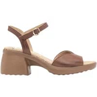 Brown genuine leather sandals with ankle strap, buckle closure, open toe, and block heel by Ryłko.