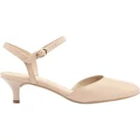 Beige Ryłko heels with a low kitten heel, pointed toe, and adjustable ankle strap.