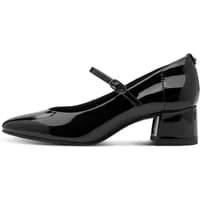 Black patent leather Tamaris heels with a block heel and a Mary Jane strap.