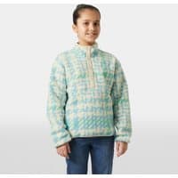Blue Helly Hansen juniors' Frosty Pile sweater with quarter zip and abstract pattern, worn by a child.