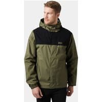 Green Helly Hansen men’s rain jacket with black yoke, hood, and front zipper, size S.