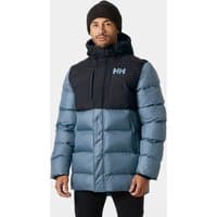 Navy Helly Hansen men's long puffy jacket with hood, black chest panel, and HH logo on left chest.