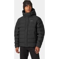 Black Helly Hansen puffy jacket with hood, front zipper, and logo on chest, worn by a model.