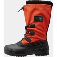 Orange Helly Hansen insulated boots with black sole, lace-up front, and fleece lining, size 7.5.