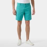 Green Helly Hansen men's chino shorts, knee-length, with belt loops and front button closure.