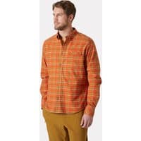 Orange plaid flannel shirt with long sleeves, button-up front, and chest pocket, worn by a male model.