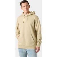 Beige Helly Hansen men's hoodie with drawstring hood and front pocket, worn by a model, size S.