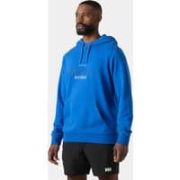 Blue Helly Hansen men's hoodie with white logo on chest, drawstring hood, and ribbed cuffs, size XL.