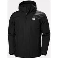 Black Helly Hansen men's insulated jacket with hood, front zipper, and logo on chest, size L.