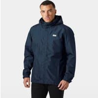 Navy Helly Hansen men's insulated jacket with hood, front zipper, and logo on chest.