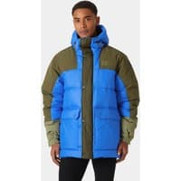 Blue and olive Helly Hansen men's down jacket with hood, front zipper, and large pockets.