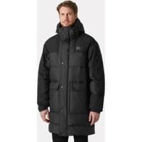 Black Helly Hansen men's down parka with hood, large front pockets, and logo on chest.