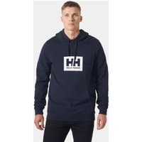 Navy Helly Hansen hoodie with white HH logo on chest, drawstring hood, and long sleeves.