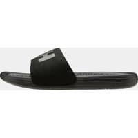 Black Helly Hansen slide sandal with wide strap and embossed logo, size 11.5, textured sole for comfort.