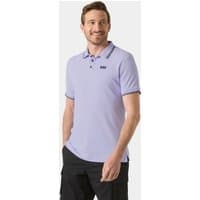 Purple Helly Hansen men's quick-dry polo shirt with black trim, short sleeves, and logo on chest.