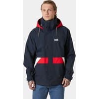 Navy Helly Hansen men's all-weather jacket with red accents, hood, and white logo on chest, size M.
