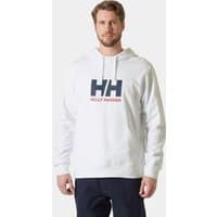 White Helly Hansen men's hoodie with large navy "HH" logo and red text on chest, medium size.