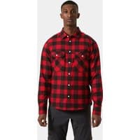 Red and black checkered flannel shirt with button closure and chest pockets, long sleeves, worn by a male model.